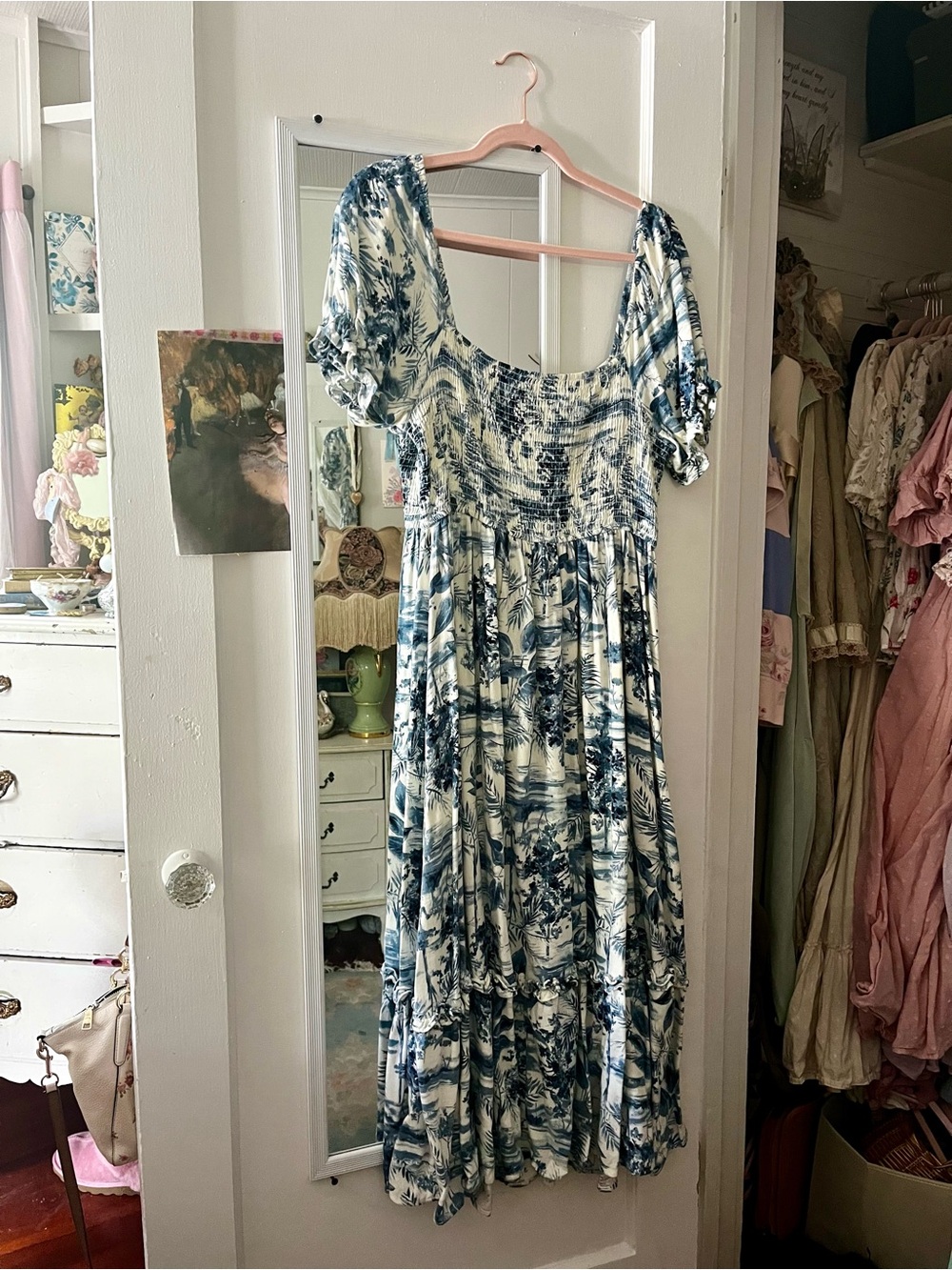 Blue & White Linen Blebd Puff-Sleeve Midi Dress